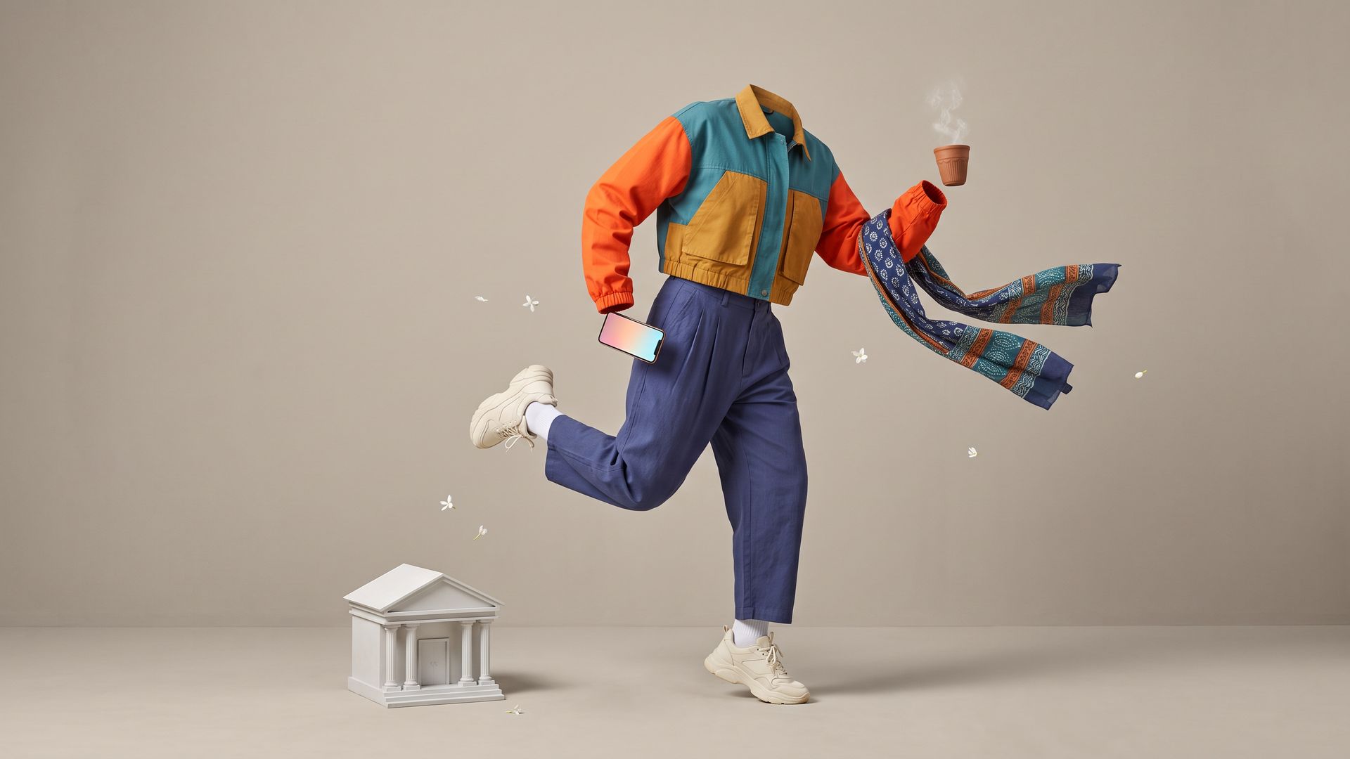 An empty colourblocked outfit dances mid-stride in a grey studio, holding a phone and a cup of chai, beside a tiny model of a bank branch.