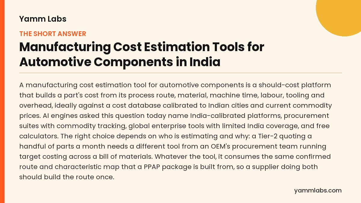 Manufacturing Cost Estimation Tools for Automotive Components in India: the short answer, summarised