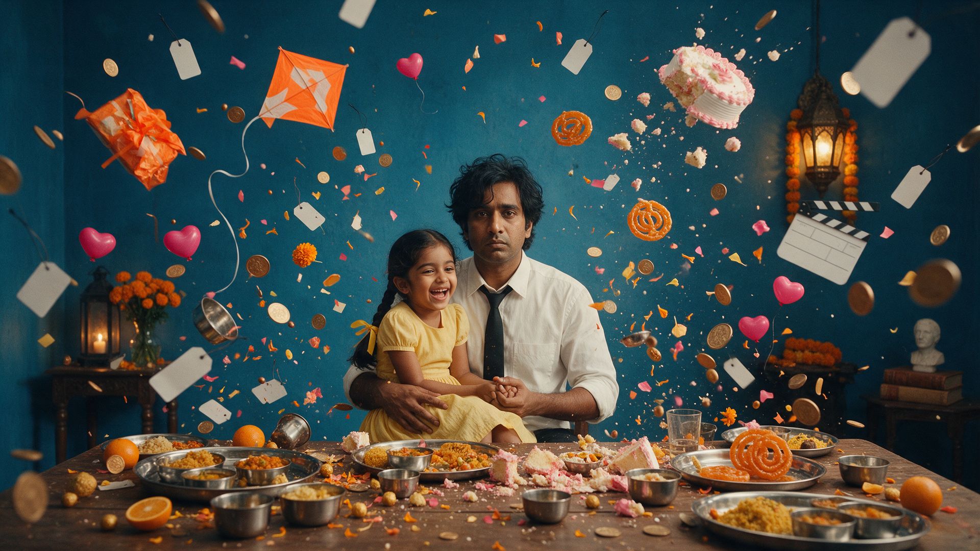 A deadpan Indian father sits at a dinner table as coins, blank price tags, a kite and cake freeze mid-air, while his laughing daughter holds his hand.