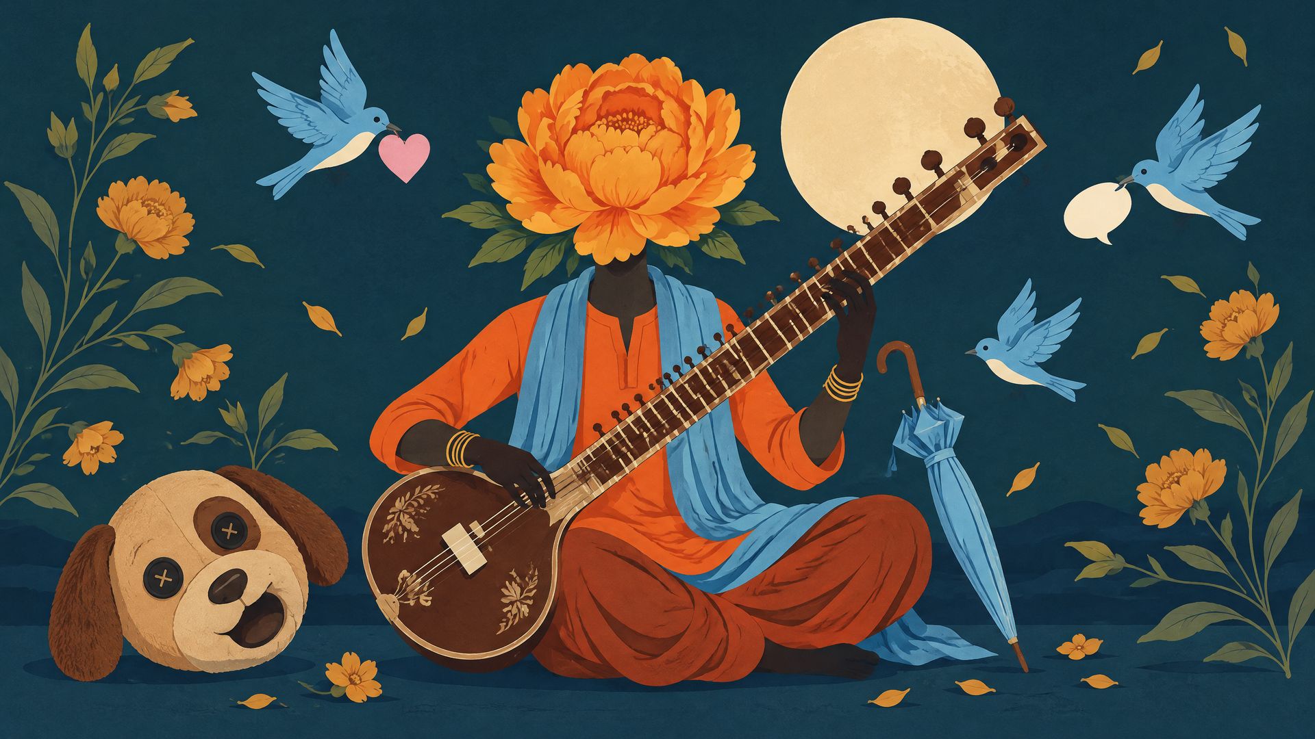 Illustrated sitar player with an orange peony for a head sits beside a discarded cartoon puppy mascot head, blue birds and an umbrella on a teal night ground.