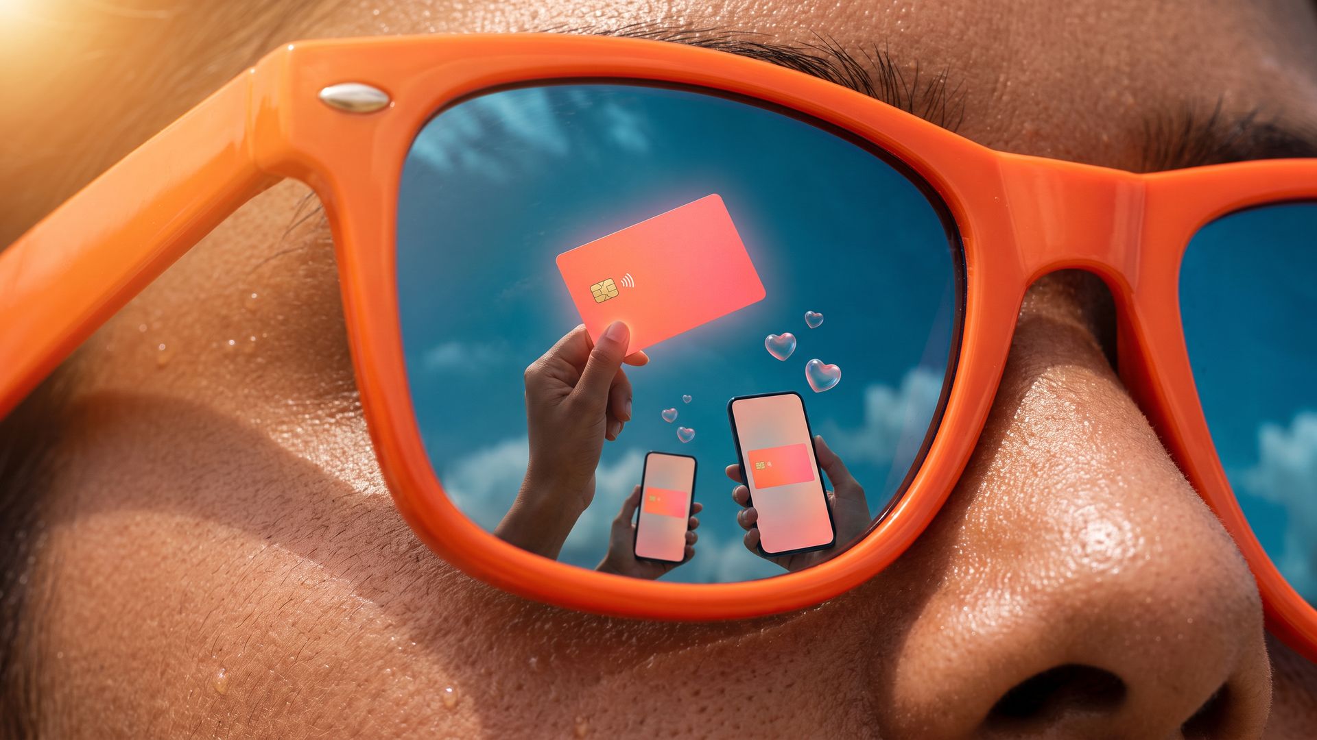 Extreme close-up of a young woman in glossy orange sunglasses whose lens reflects a hand raising a plain coral bank card against a blue sky as phones film it.
