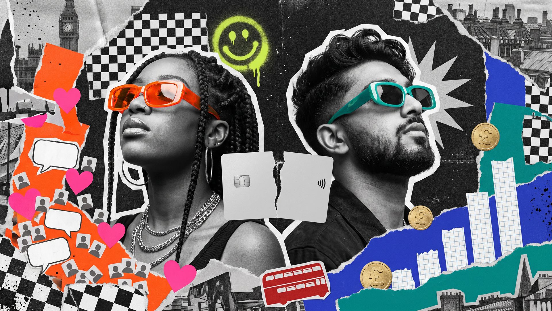 Grunge collage of two young Londoners back to back, one in orange sunglasses among hearts and follower stickers, one in teal sunglasses beside rising bars and pound coins.