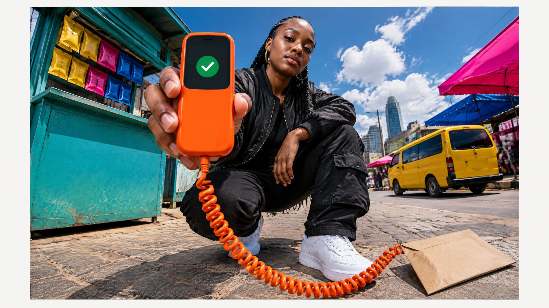 A young Kenyan shopkeeper crouches on a Nairobi street and pushes an orange phone showing a green tick toward the camera, its coiled cord running to a paper envelope.