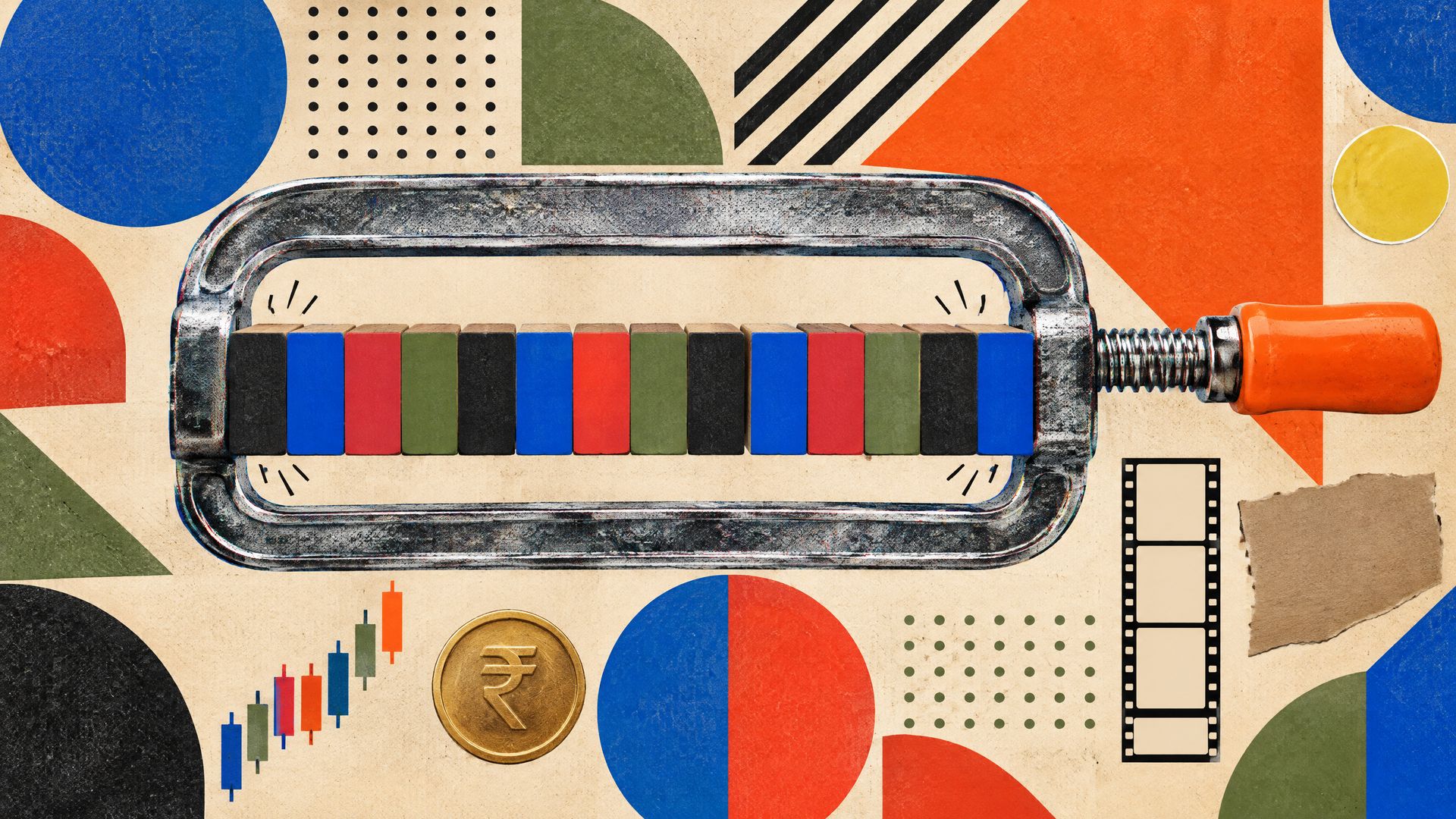 Riso-style geometric poster where a chrome clamp fails to squeeze a row of fourteen blank letterpress blocks, beside a rupee coin, a candlestick chart and a blank film strip.