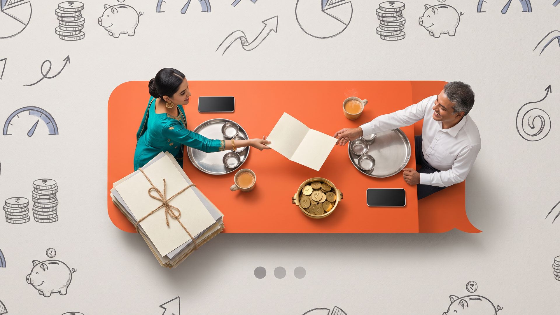 Aerial view of an Indian fund distributor and her client dining at an orange chat-bubble table, sharing one folded one-pager while a bundle of thick decks sits unused.