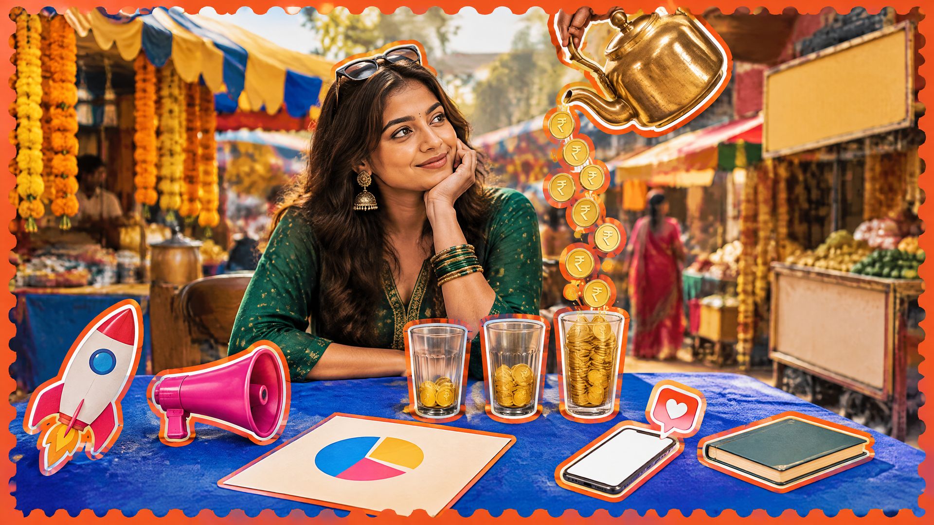 Young Indian woman at a chai stall inside an orange stamp frame as a kettle pours rupee coins into three glasses beside rocket, megaphone and phone props.