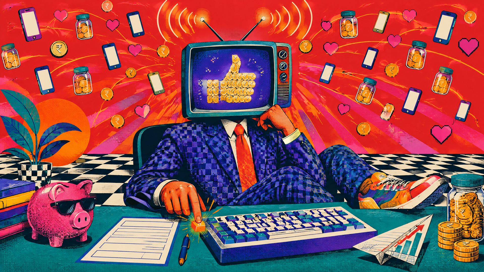 Retro pop-art collage: a man in a checkered suit with a vintage TV for a head showing a thumbs-up made of rupee coins, surrounded by floating phones, hearts and coin jars, a piggy bank in sunglasses on his desk.