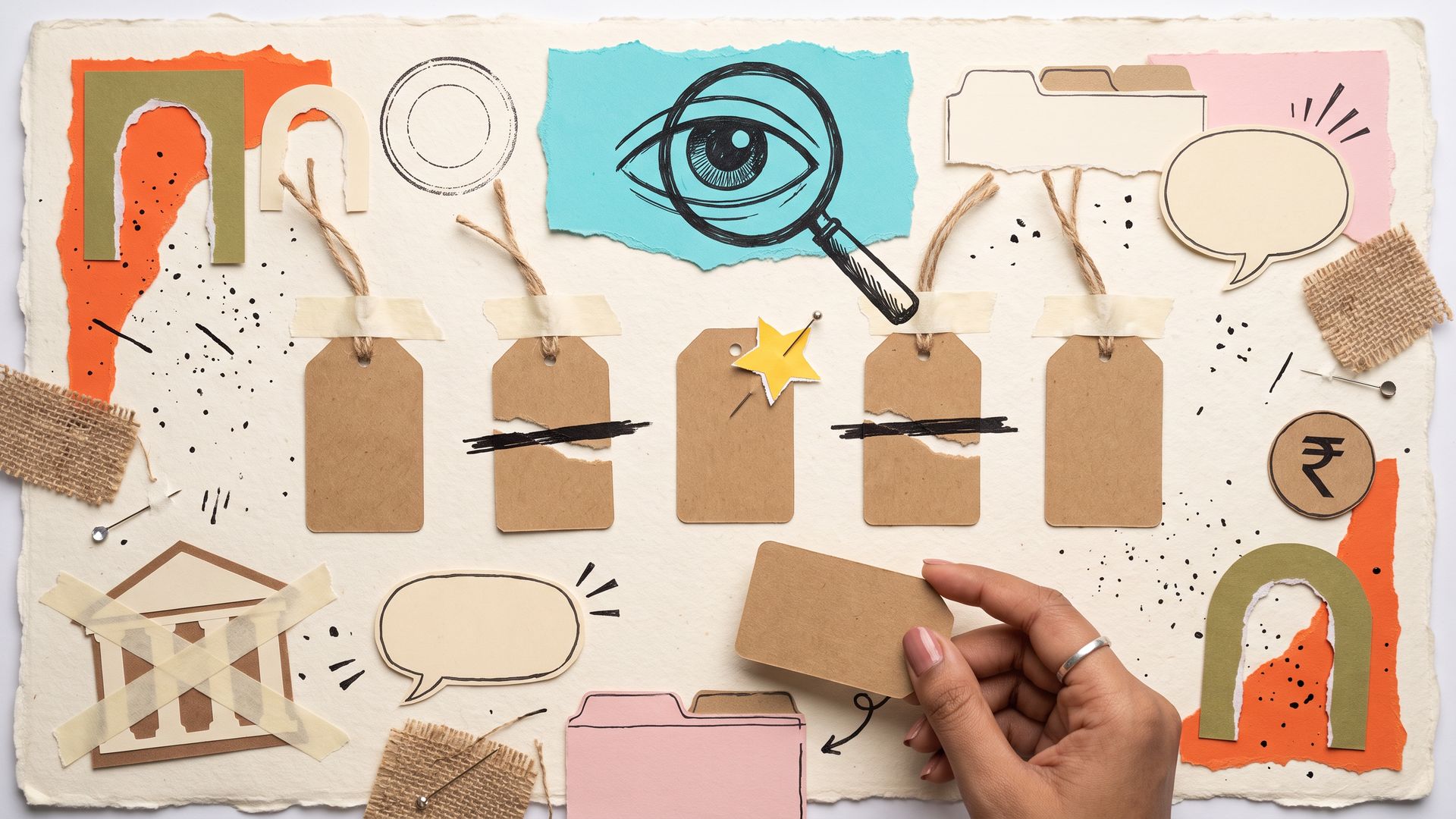 Torn-paper collage flat lay: a founder's hand places blank name tags under a drawn ink eye, with paper gates, a crossed-out bank facade and a rupee coin.