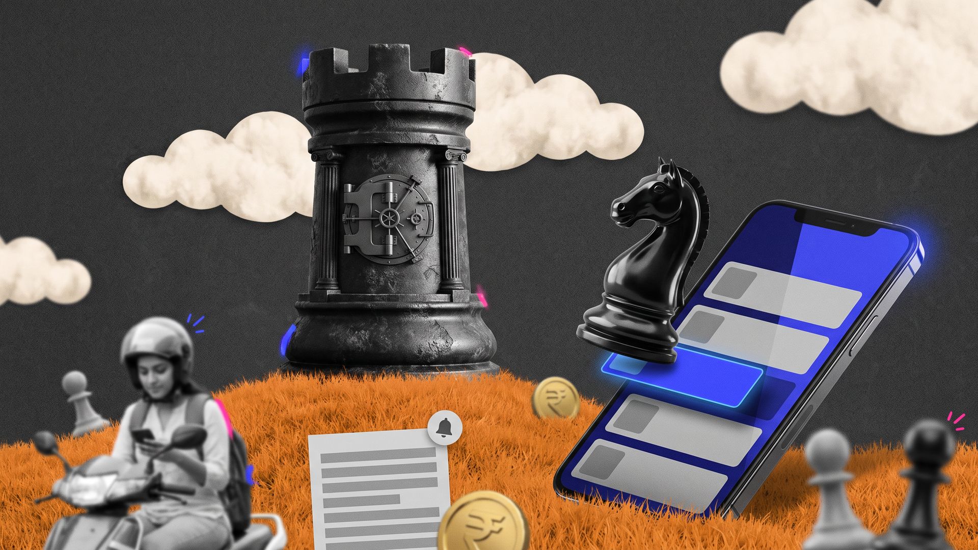A giant black chess rook carved with a vault door stands on an orange hill while a nimble knight leaps from a phone's glowing loan offer row.