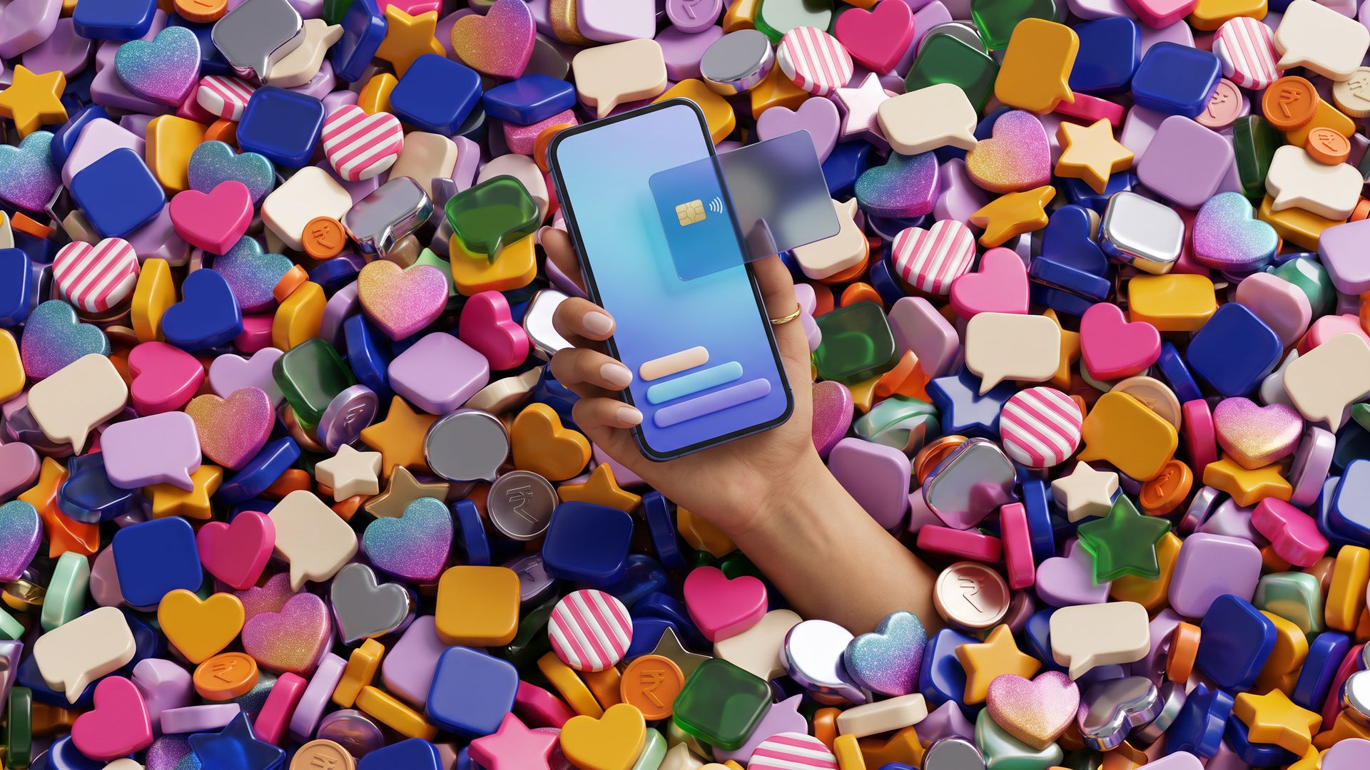 A hand holds a calm banking app on a phone above a sea of mismatched glossy 3D social media like and comment tokens.