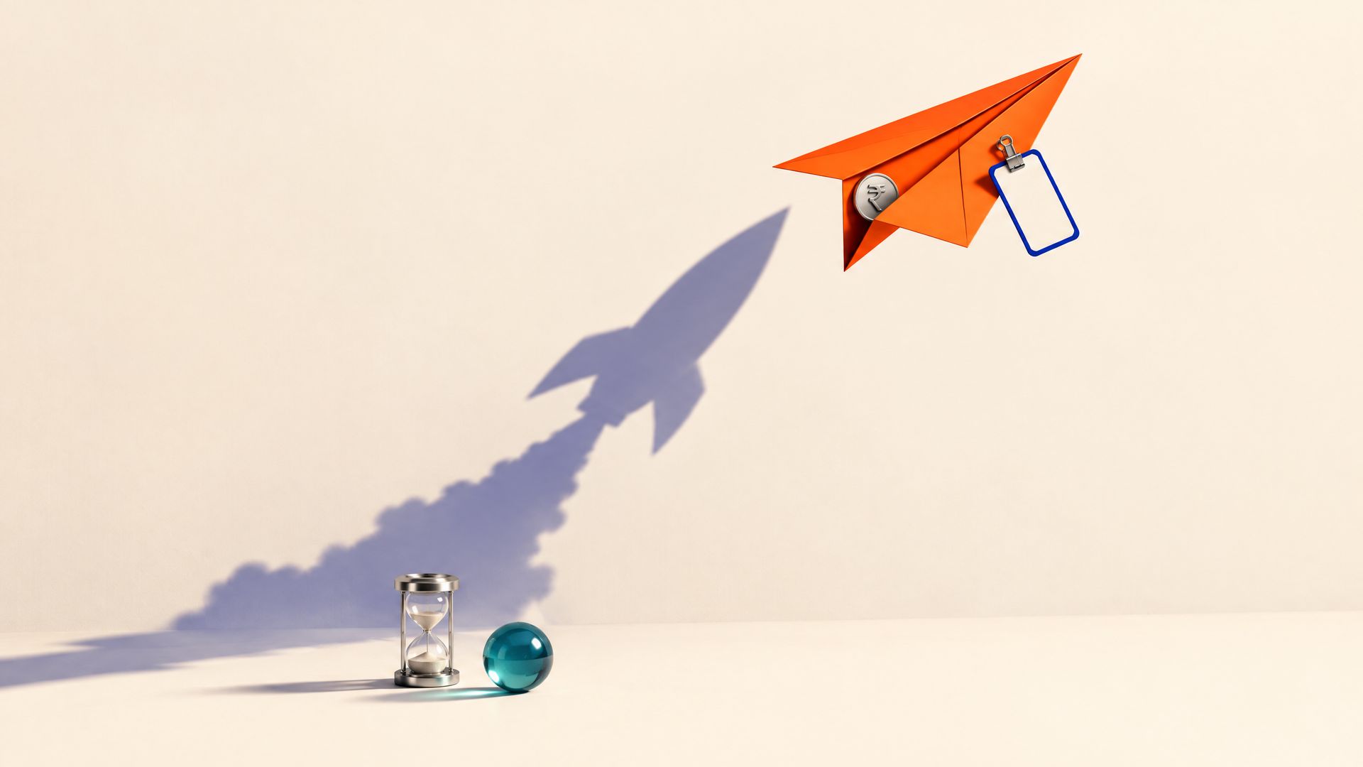 An orange paper plane folded from a blank fund leaflet, a rupee coin in its fold and a blank tag on its wing, casts a long shadow shaped like a rocket lifting off.