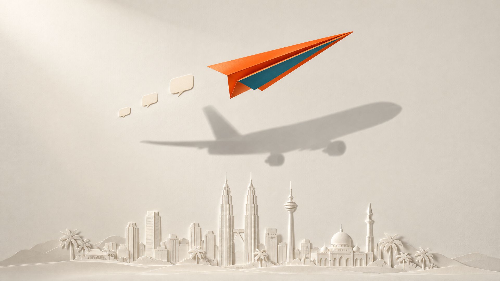 An orange paper plane folded from a blank fund brochure casts the long shadow of a passenger airliner across a pale wall above a soft Kuala Lumpur skyline relief.
