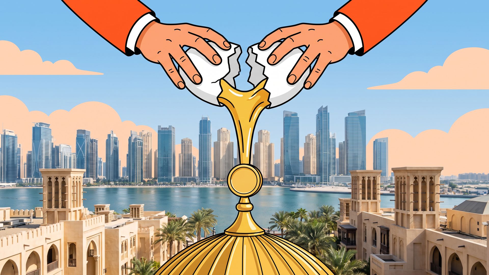 Cartoon hands in orange sleeves crack an egg over a Dubai skyline, its golden stream becoming a coin on a golden dome, for a UAE fund launch.