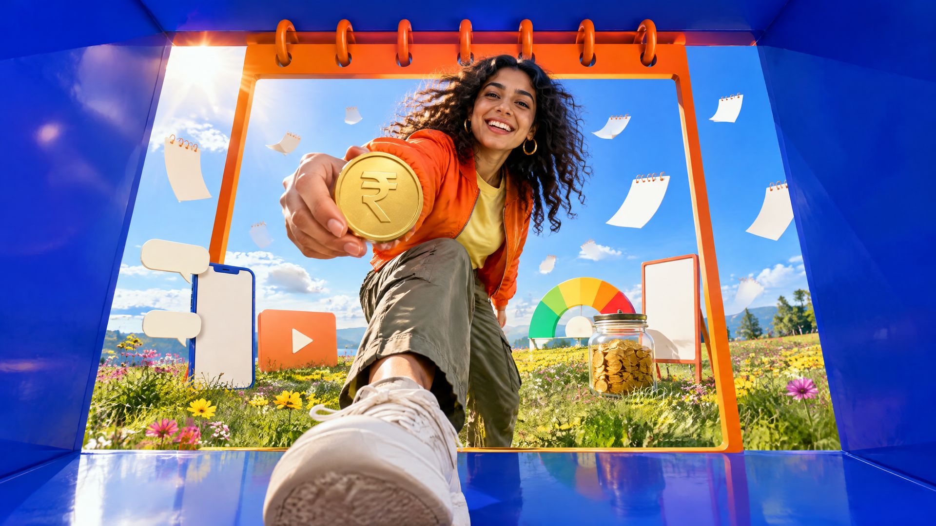Young Indian woman steps through an orange calendar-page doorway from a meadow of phones, a video tile and a risk dial, holding out a gold rupee coin.