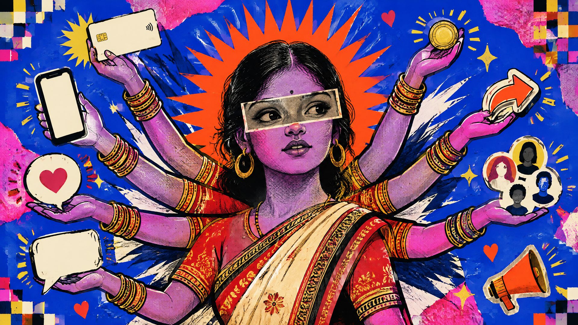 Pop-art collage of a violet-tinted woman with many arms passing a bank card, a phone, hearts and coins hand to hand, a picture of referral-led growth.