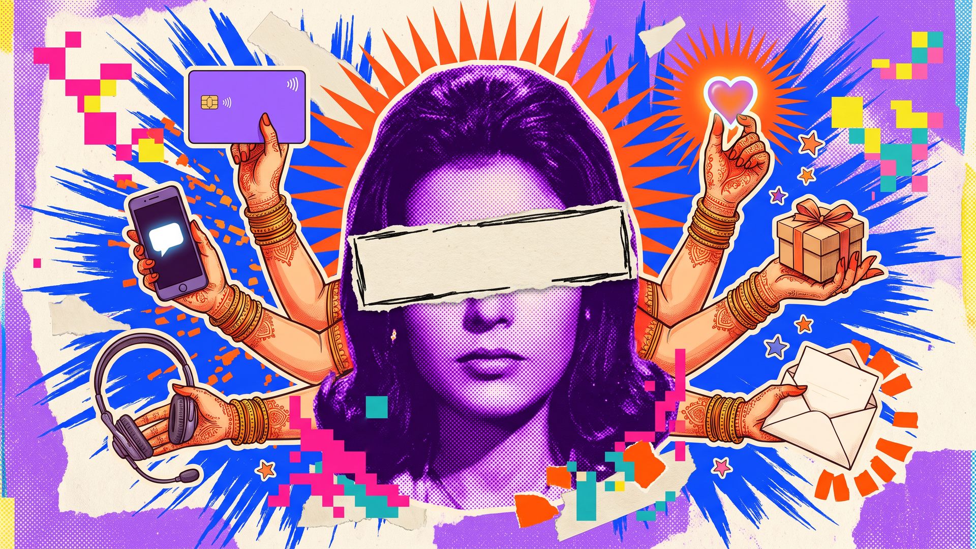 Pop-art collage of a violet-tinted woman with many arms holding a plain purple card, a phone, a support headset and a thank-you letter.