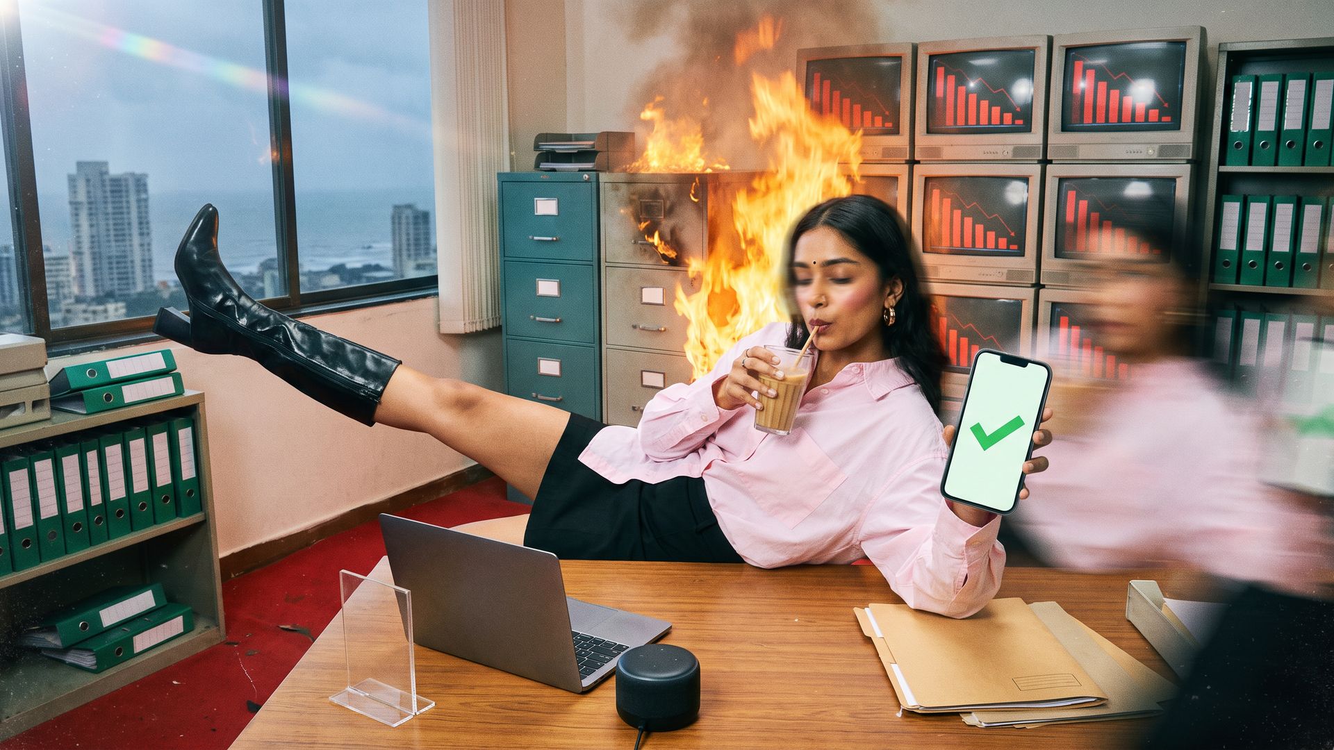 A calm young Indian woman lounges on her office desk with iced chai, showing a phone with a green tick while the office burns behind her.