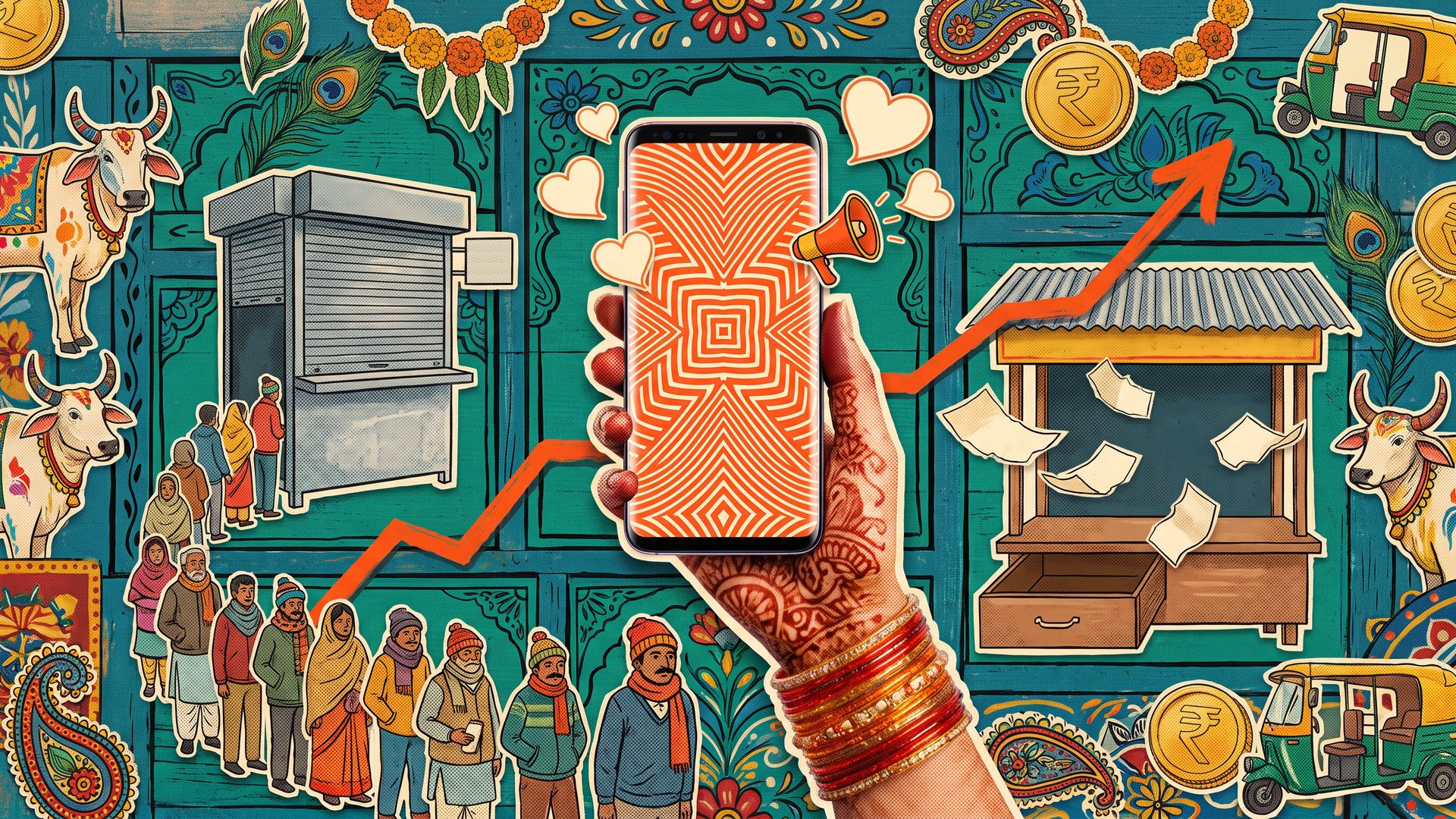 Truck-art collage: a hennaed hand holds up a glowing phone as a winter queue waits at a shuttered ATM and an orange growth line rises past an empty cash drawer.