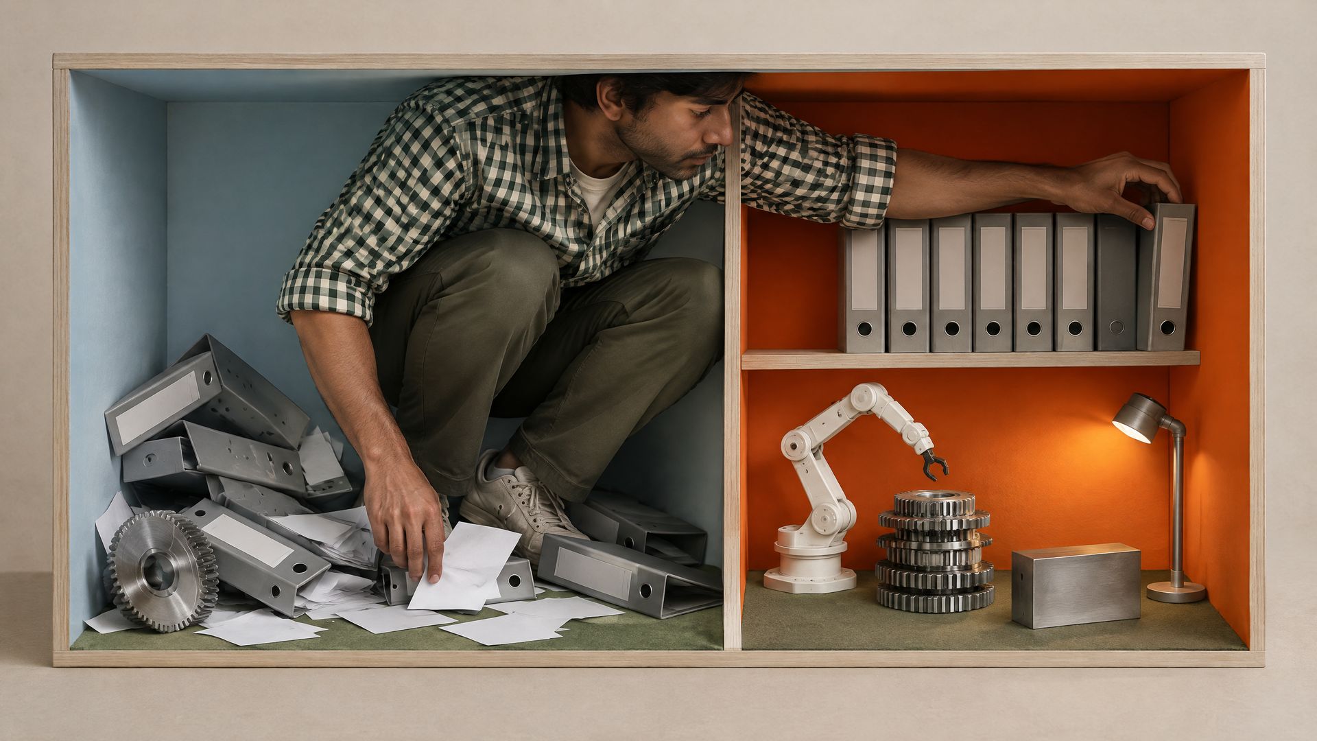 A quality engineer crouches inside a two-room dollhouse plant, one room buried in loose paperwork, the other neat with ordered binders, gears and a robot arm.