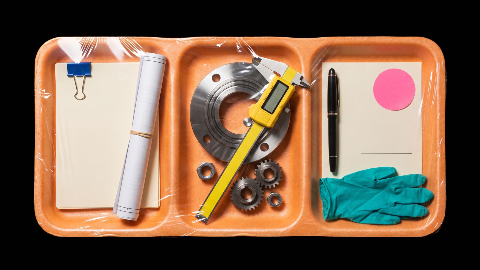 A PPAP pack sealed like supermarket produce: blank inspection sheets, a machined flange with a caliper, gears and a blank warrant with a pen in an orange foam tray.