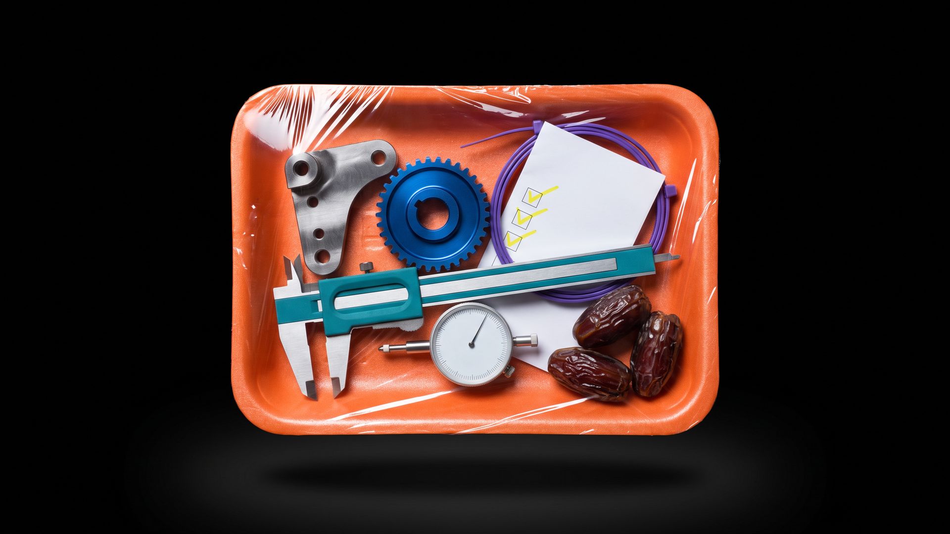 Machined bracket, gear, caliper, dial gauge, ticked inspection sheet and dates sealed in cling film in an orange foam tray on black.
