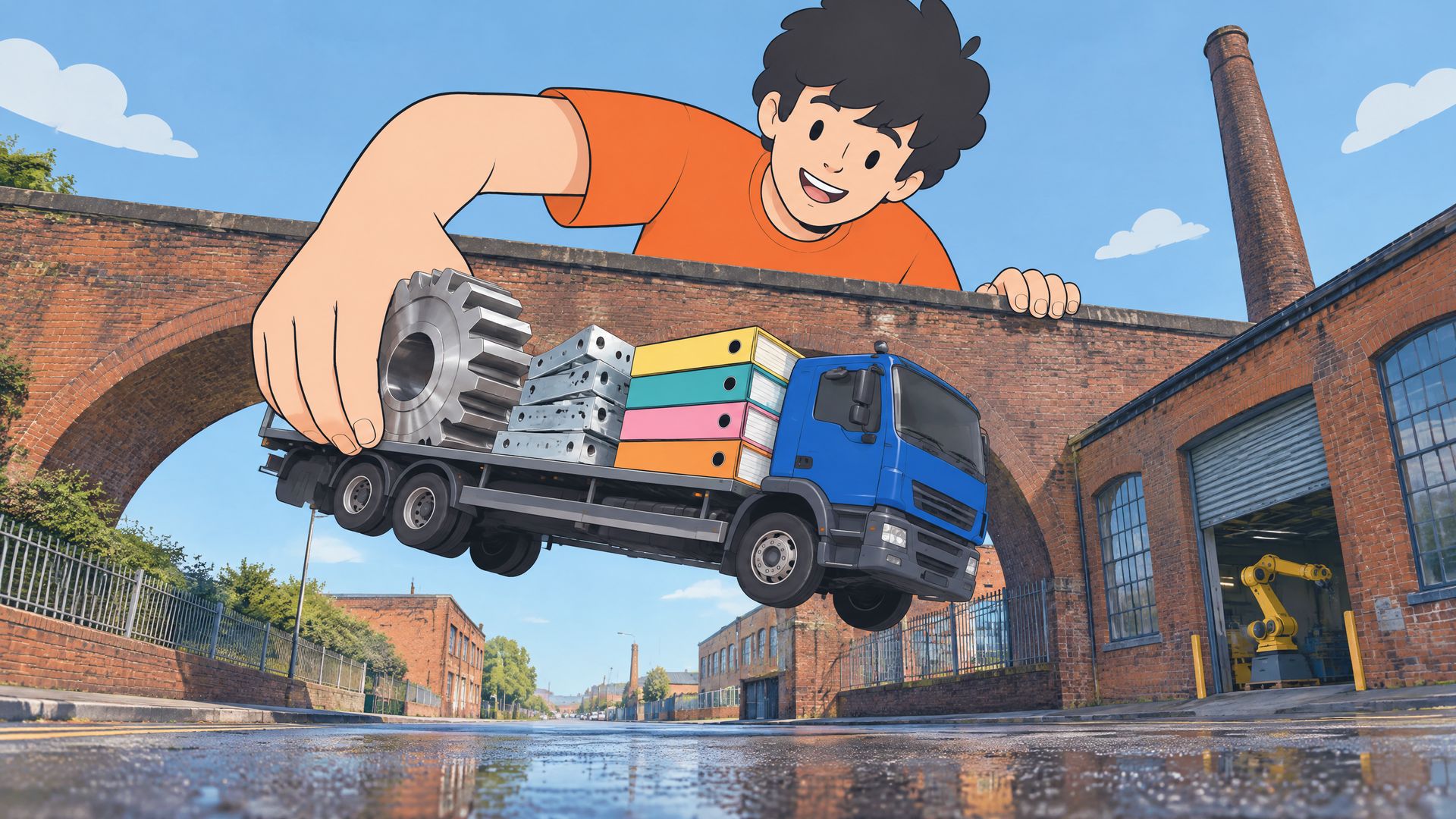A giant cartoon teenager leans over a brick railway viaduct and lifts a lorry loaded with a machined gear, steel brackets and tabbed binders.