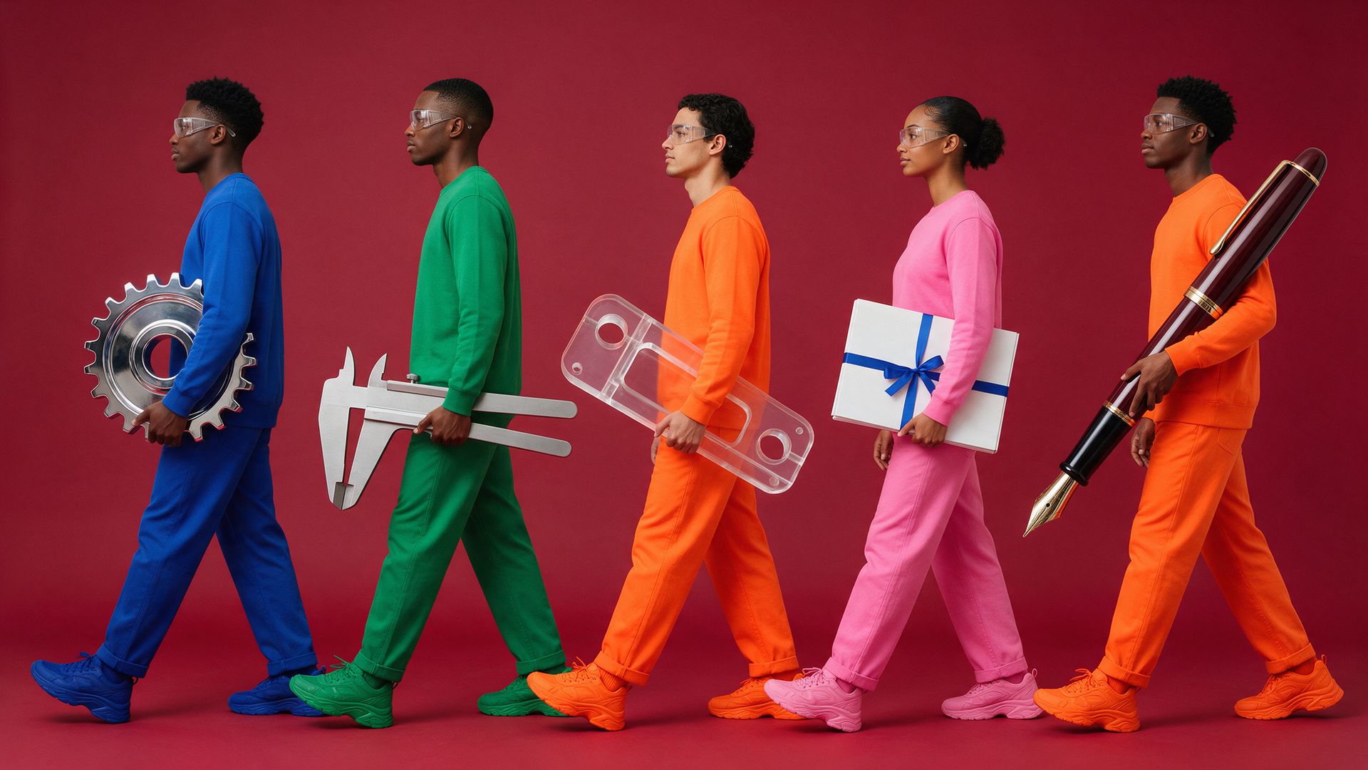Five young South African engineers in bold solid colours walk across a red studio carrying a giant gear, caliper, machined bracket, sealed pack and pen.