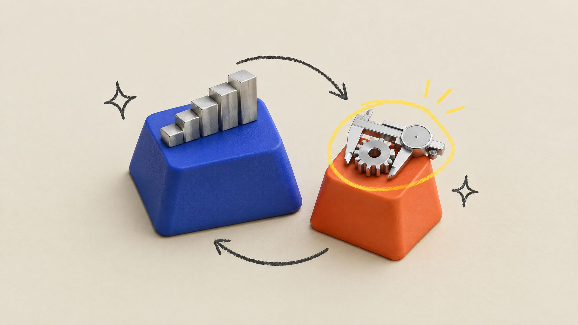 Two floating keycaps on cream paper, a cobalt one with a five-step staircase of machined blocks and an orange one with a chrome gear in a caliper, linked by pencil arrows.