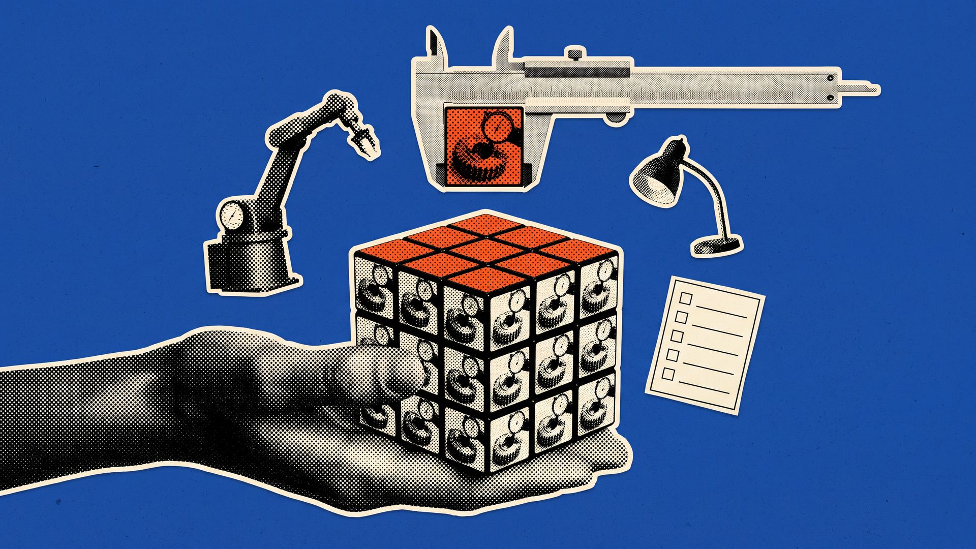 A black halftone hand balances a puzzle cube whose tiles are identical machined parts, while one lifted tile is held in a plain steel caliper on a cobalt ground.