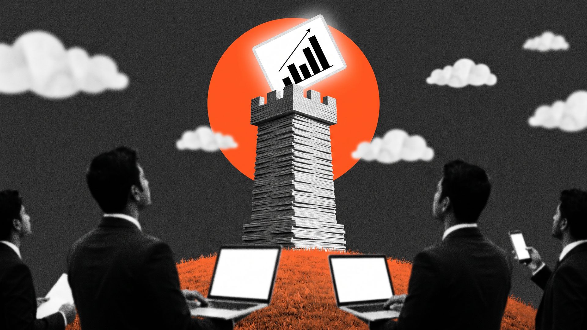 Grainy monochrome collage of a rook-shaped tower of blank slides on an orange hill, one chart slide held high before an orange sun disc.