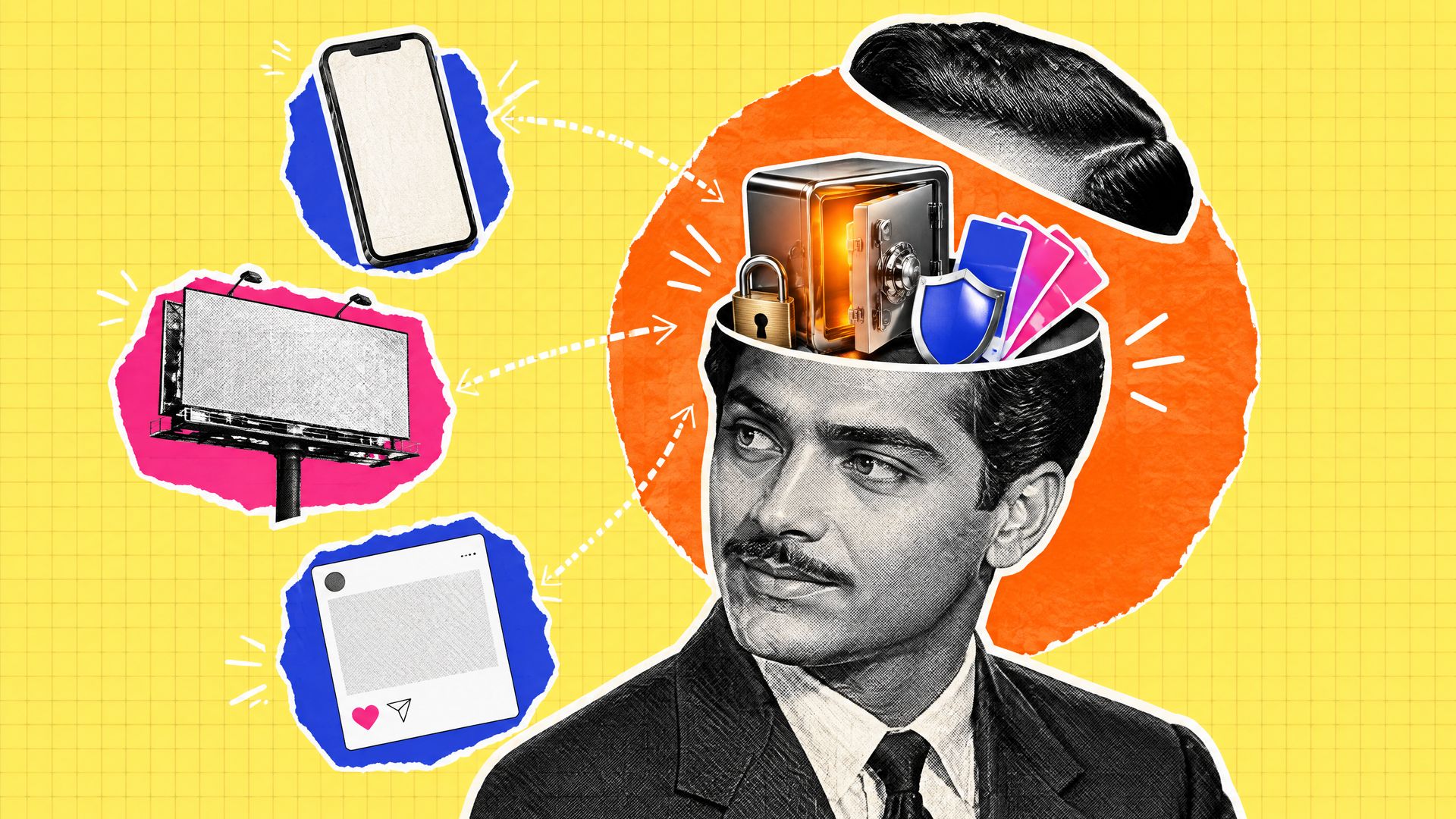 Vintage halftone cut-out of a man whose lifted scalp reveals a glowing safe, padlock, shield and swatch cards, with a phone, billboard and social post linked in.