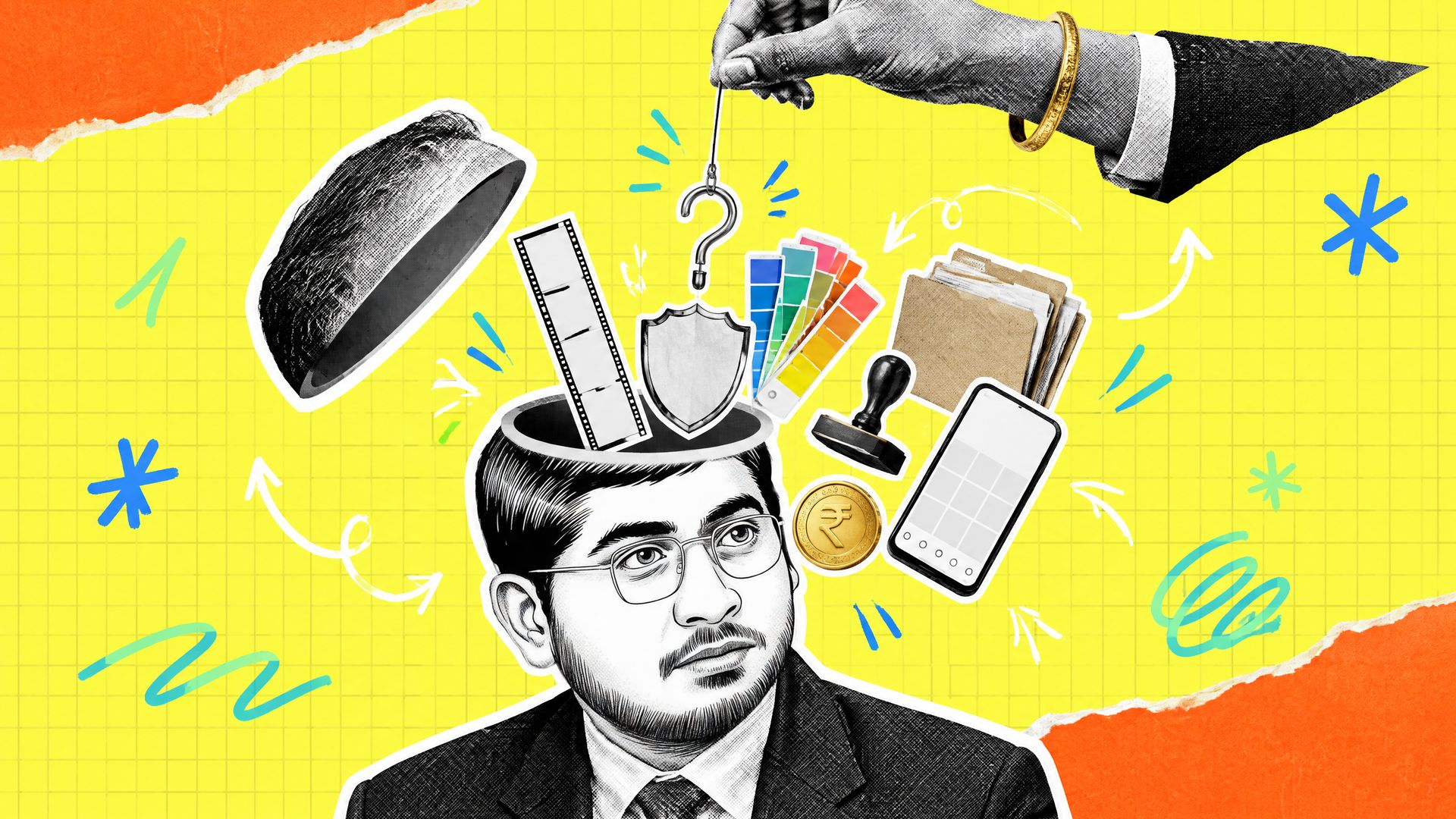 Vintage cut-out of a young Indian agency head in glasses with the scalp lifted like a lid while a hand fishes inside with a question-mark hook for brand and compliance proof.