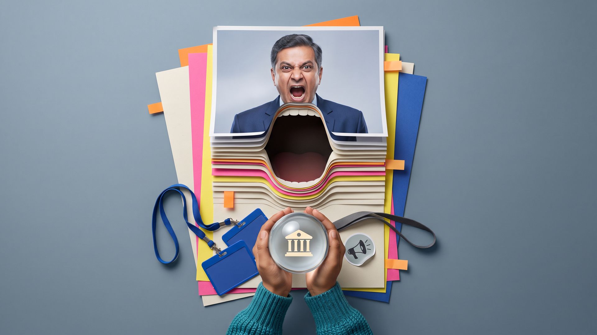 Top-down photo of stacked papers stretching a printed executive's shouting mouth, with young hands holding a glass sphere holding one small bank icon.