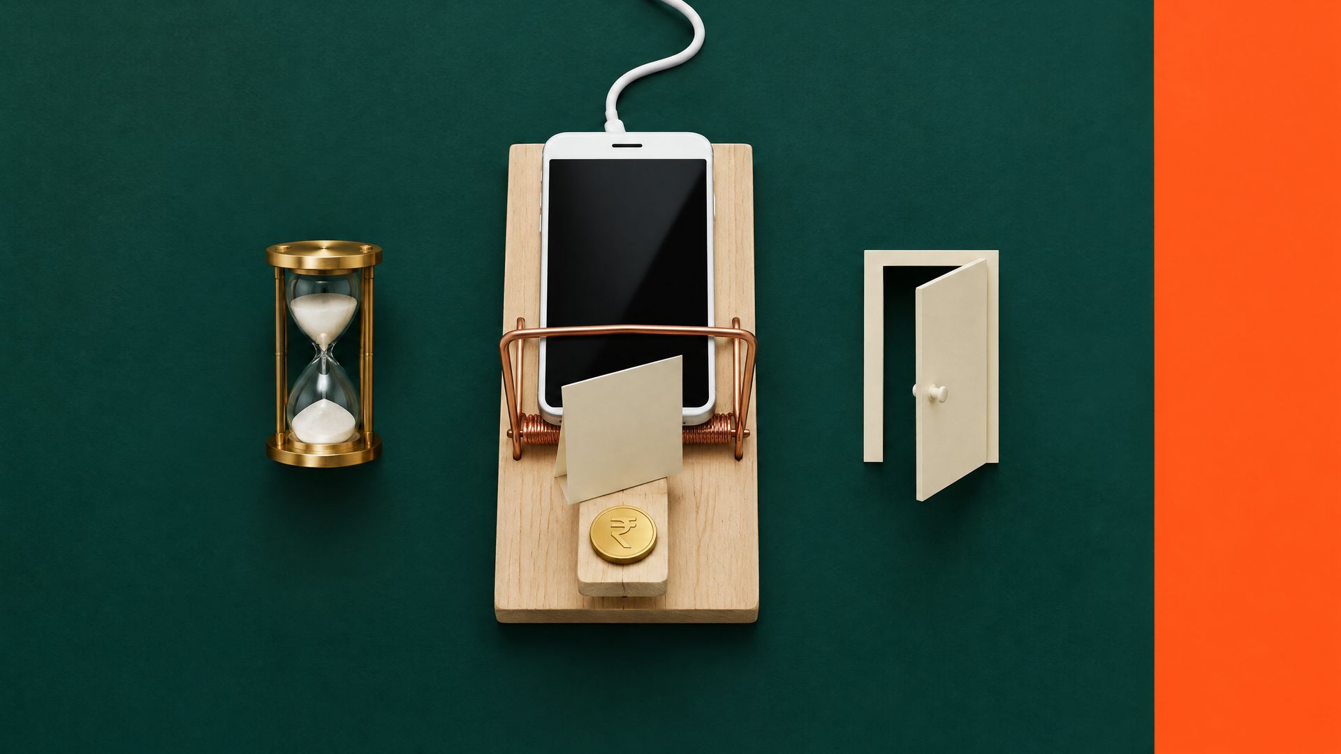 A smartphone in a wooden mousetrap baited with a rupee coin, held open by a blank fact card, beside an hourglass marking the loan cooling-off exit.