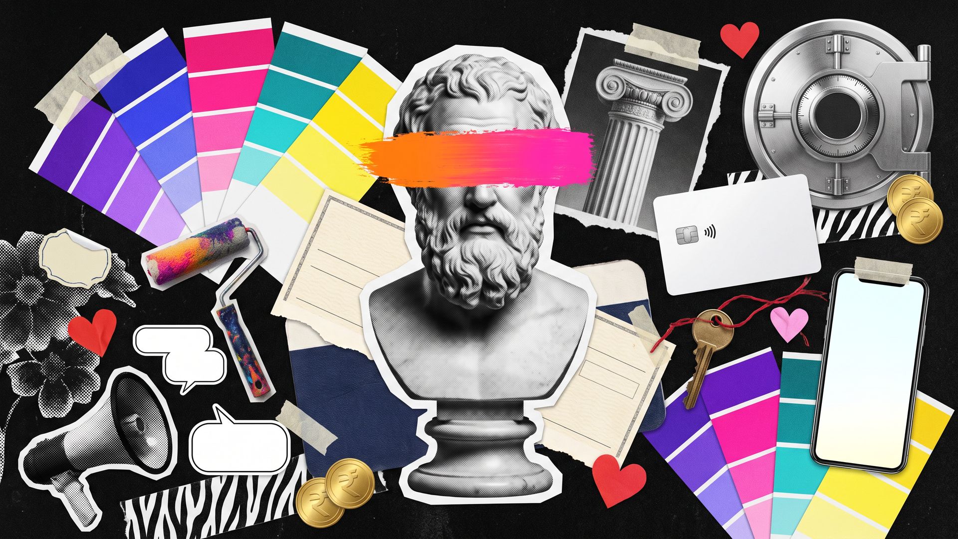 Collage of a marble banker bust with a fresh orange-pink paint swipe across its eyes, surrounded by colour swatches, a vault door, bank card, coins and speech bubbles.