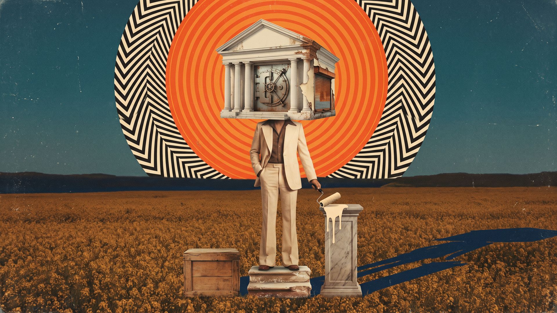 Retro collage of a man in a cream 70s suit on three rising plinths, his head a columned bank front over a lending-shop shutter, before an orange op-art sun.