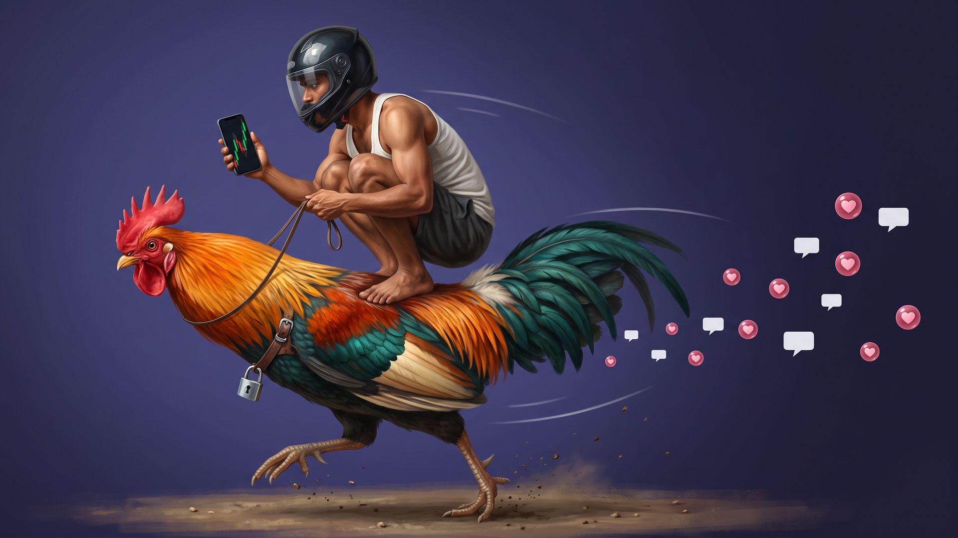 A helmeted young investor crouches on a sprinting rooster, phone chart spiking, while a padlock hangs from its harness and likes trail behind.