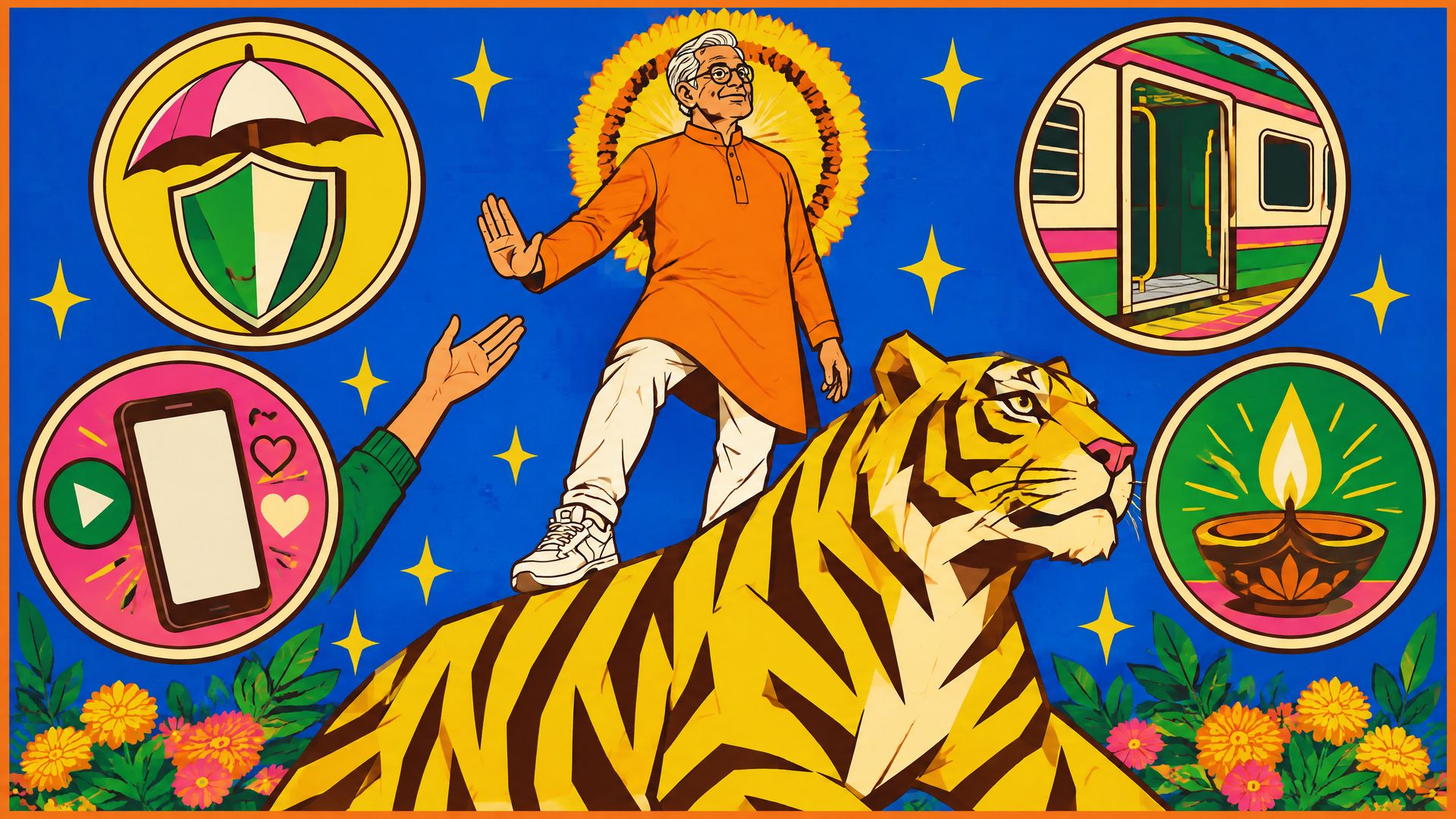 Flat pop illustration of a proud silver-haired Indian grandfather standing on a geometric tiger, waving off a helping hand, framed by insurance shield and social icons.