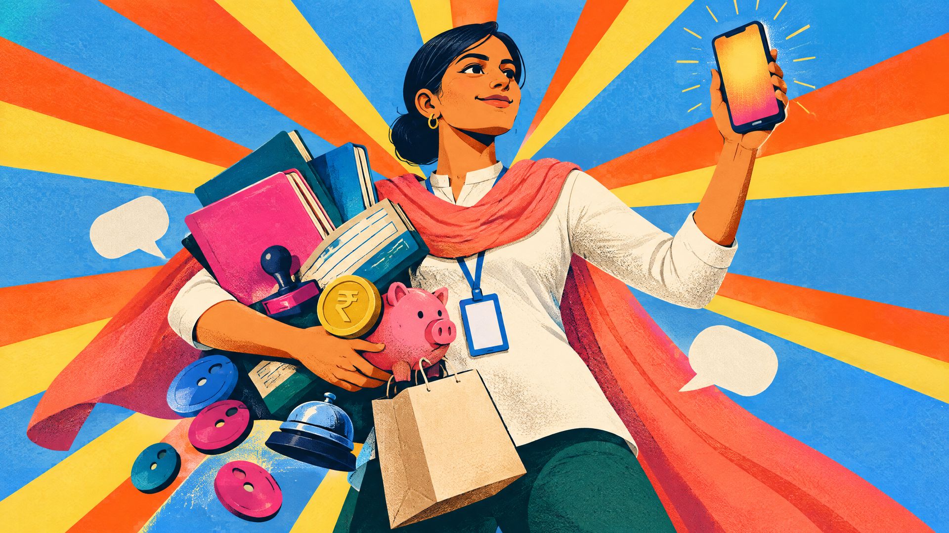 Grainy poster illustration of a young Indian bank officer hugging falling passbooks, stamps and tokens while raising one glowing phone against a sunburst.