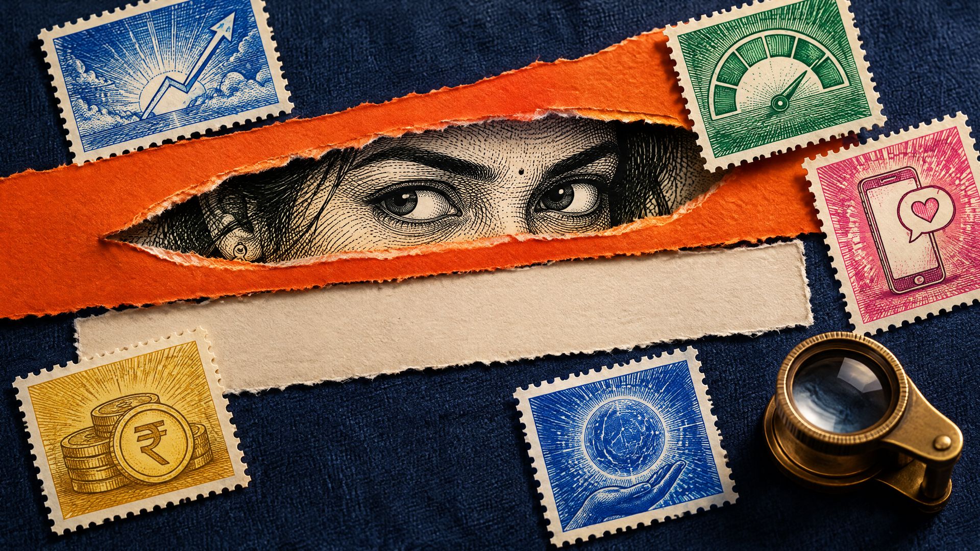Torn orange paper reveals the engraved eyes of a watchful investor above a blank disclaimer strip, with stamp-sized fund ads and a brass loupe on blue linen.