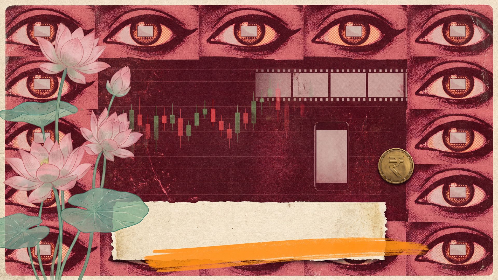 A crimson vintage print of staring eyes and pink lotuses watches a blank cream warning strip swept with orange highlighter, beside candlestick charts and a storyboard.