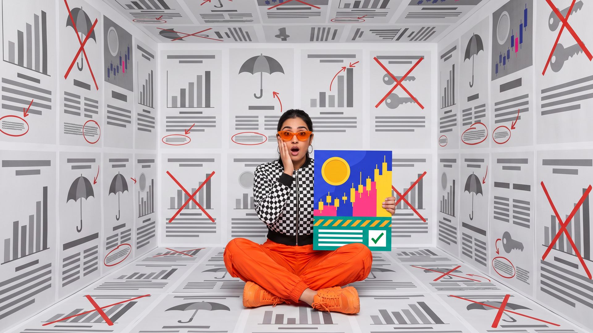 A shocked young Indian art director sits cross-legged in a room papered with red-marked finance ad proofs, holding a bright ad with its disclosure band designed in.