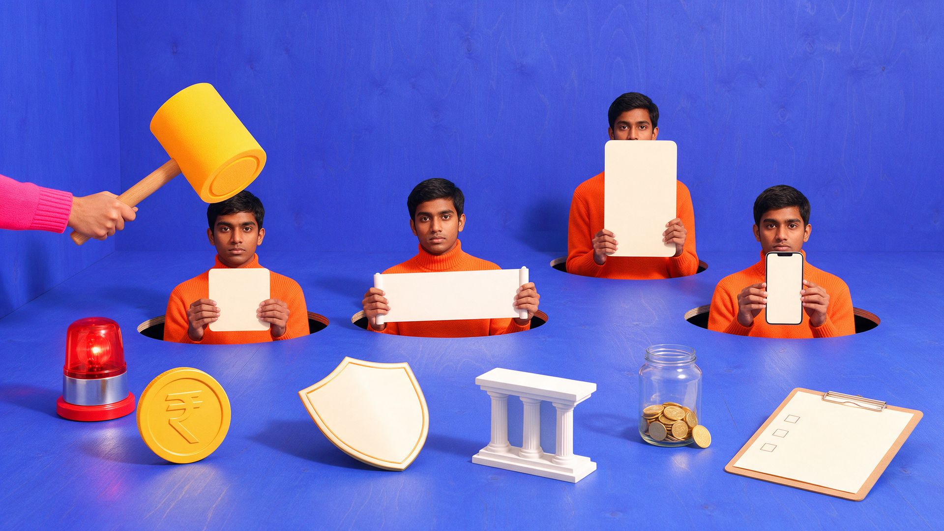 Young Indian designers pop out of holes in a blue set holding blank ads while a hand swings a foam mallet, with rupee coin, shield and bank props.