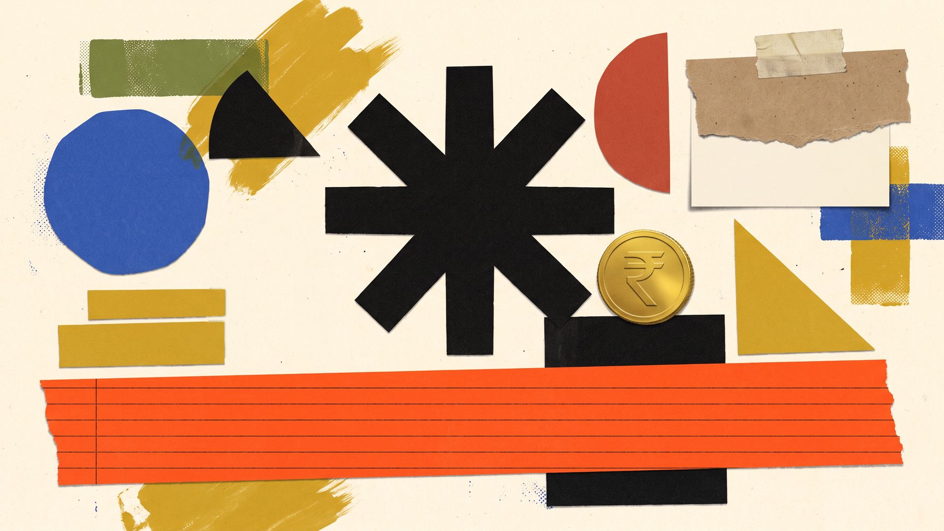 A riso-style paper collage where a giant black asterisk and a wide orange fine-print strip anchor bold geometric cut-outs, colour blocks, a blank taped card and a rupee coin.