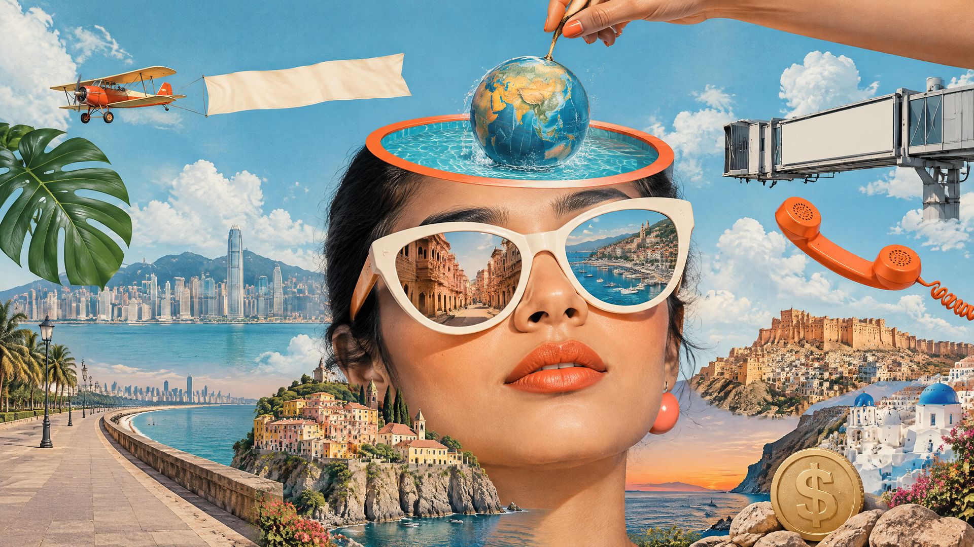 Retro collage of a giant woman's face in white sunglasses, a globe lifted from a pool on her head, towns from many countries, a biplane and a gold dollar coin.
