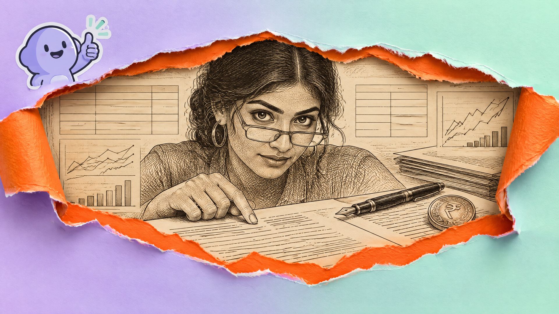 A pastel fintech poster torn open to reveal an engraved woman pointing at a loan's fine print, with tables, charts and a rupee coin.
