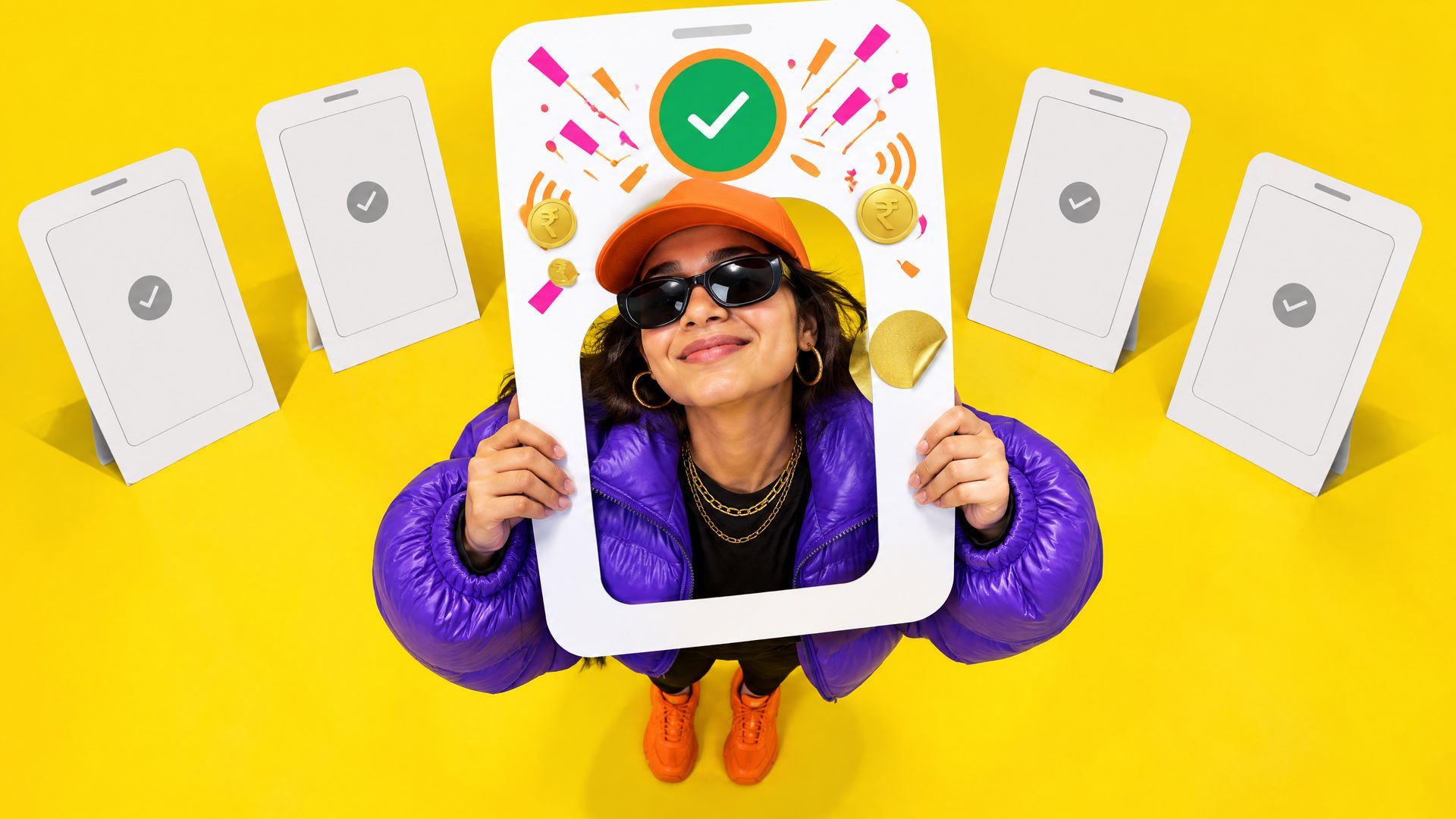 Fisheye shot of a young Indian woman holding a confetti-bursting cardboard payment-screen frame, with identical plain tick frames behind her.