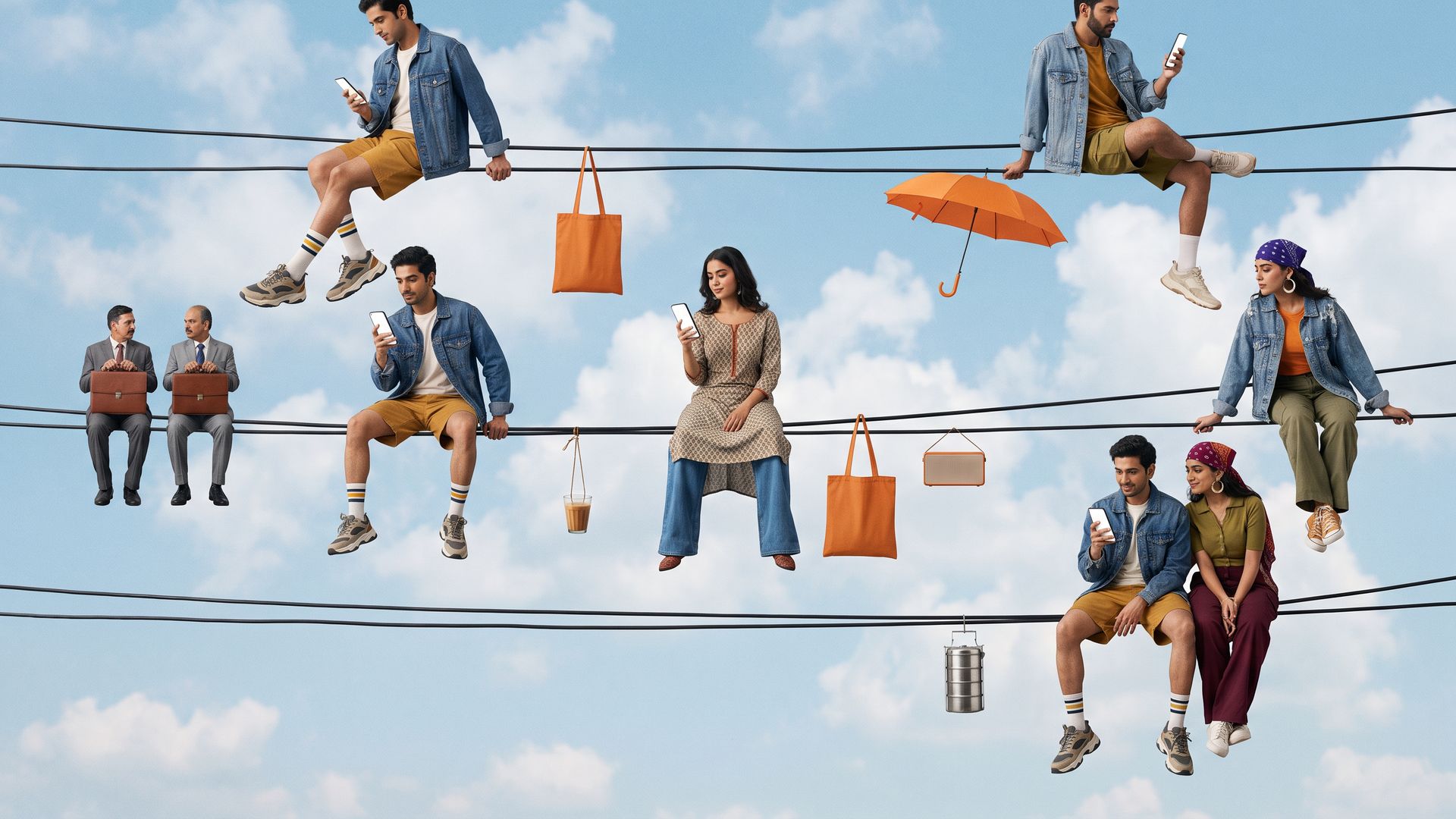 Young Indian customers with phones sit on power lines in a blue sky while two suited bankers sit at the far end of the same wire.