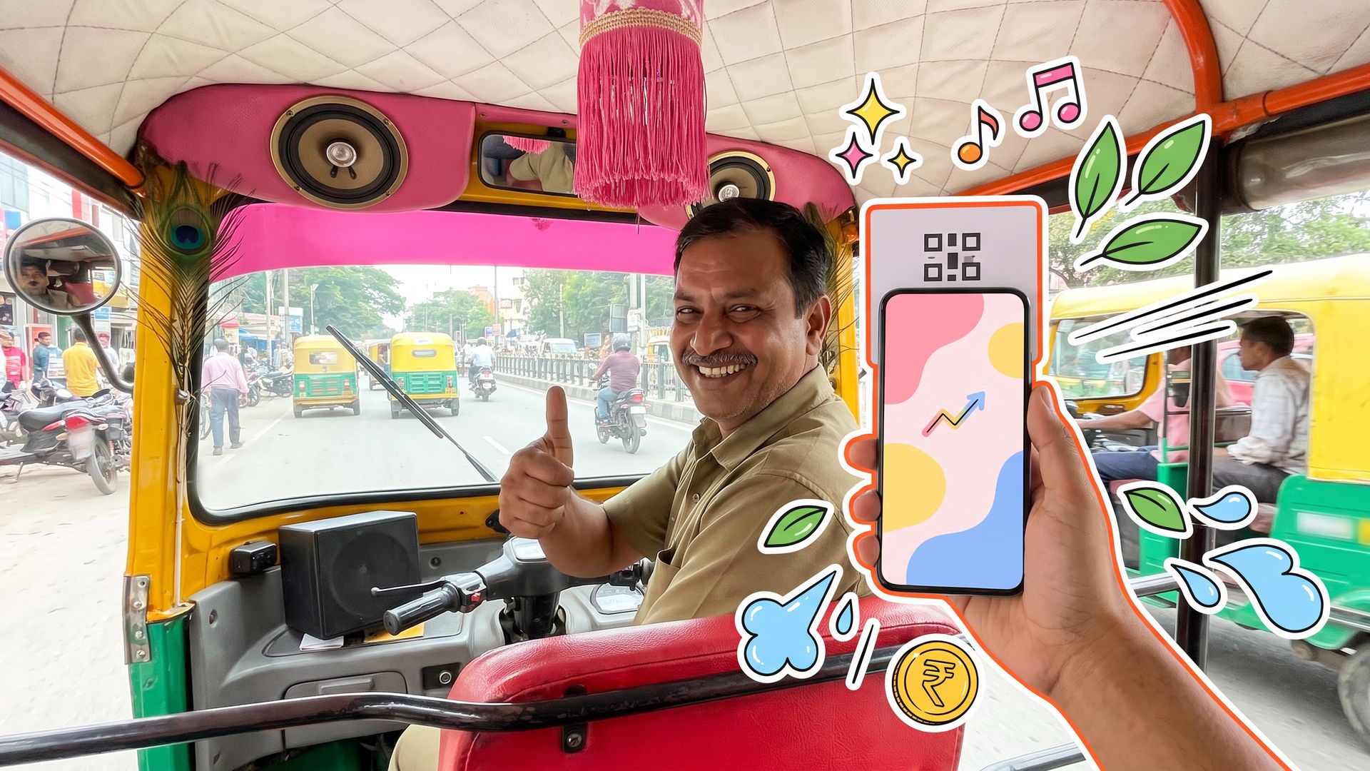 A passenger scans a plain QR card in a decorated auto-rickshaw as the driver gives a thumbs up, with cartoon sparkles and music notes around the phone.
