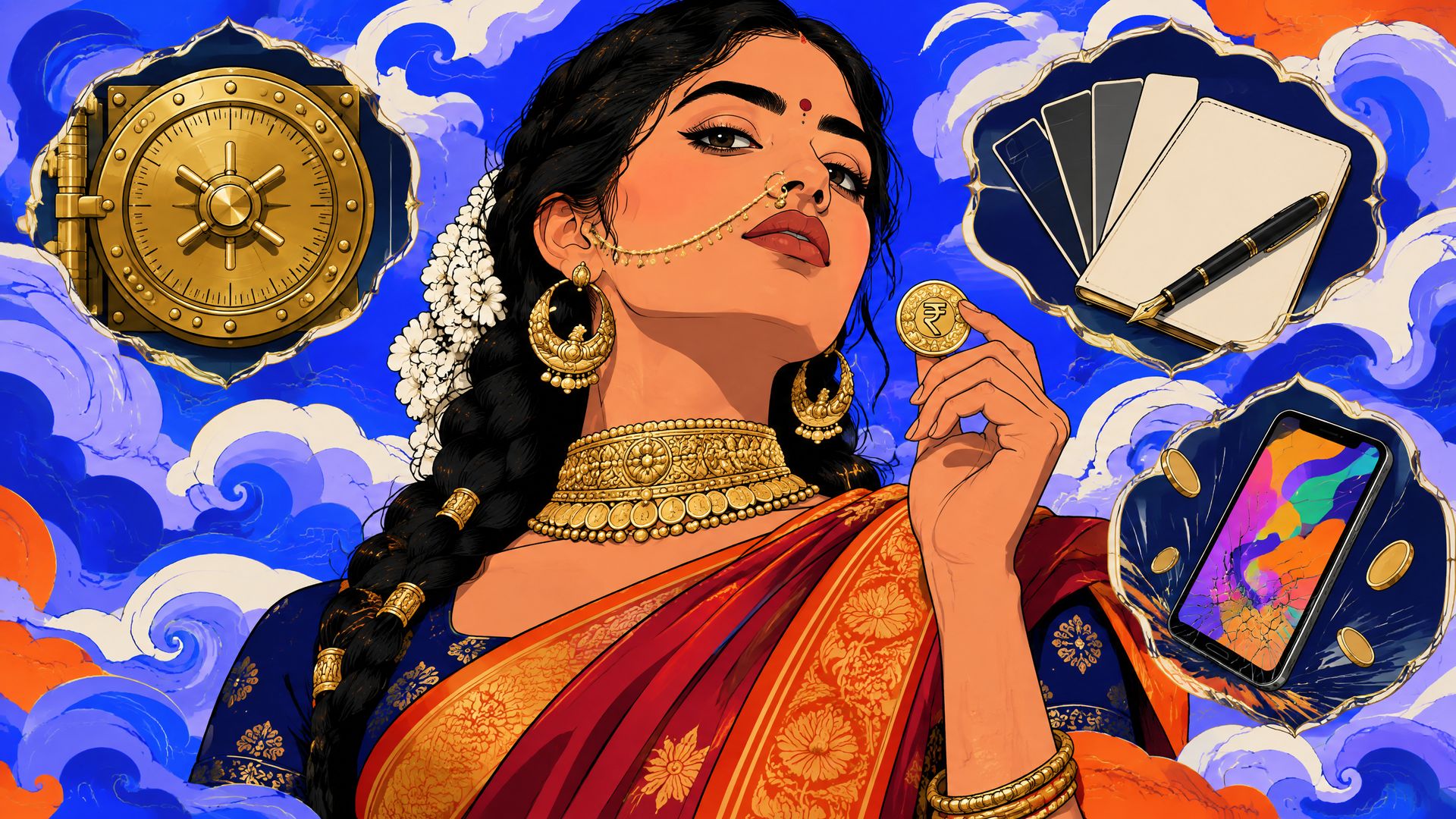 Pop-art portrait of a young Indian woman investor in gold jewellery holding a rupee coin, framed by a vault dial, brand swatches and a cracked app phone.